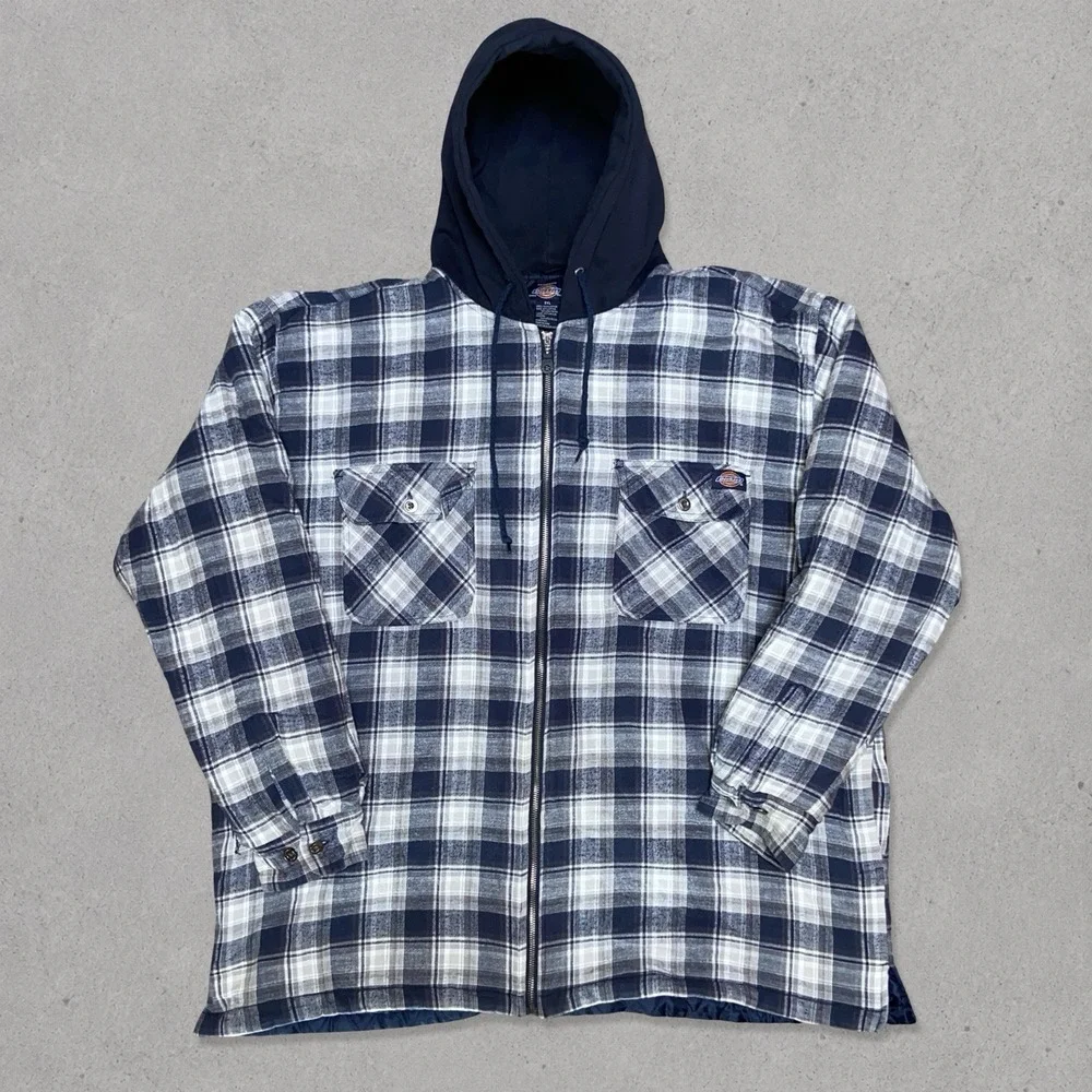 Dickies Quilted Hooded Flannel Jacket Men's 2XL Blue Gray Plaid Full Zip Workwea